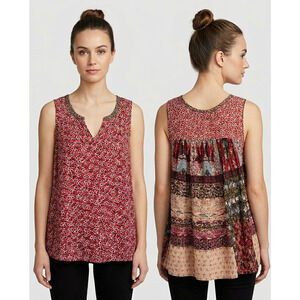 One September Anthropologie Tank Top L Red Blue Patchwork Rayon Boho Resort